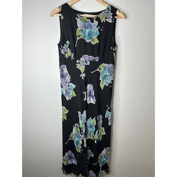 Talbots Vintage Dress Black Fairy Romantic Floral 100% Silk MIDI Sleeveless Sz 6 - Picture 1 of 13
